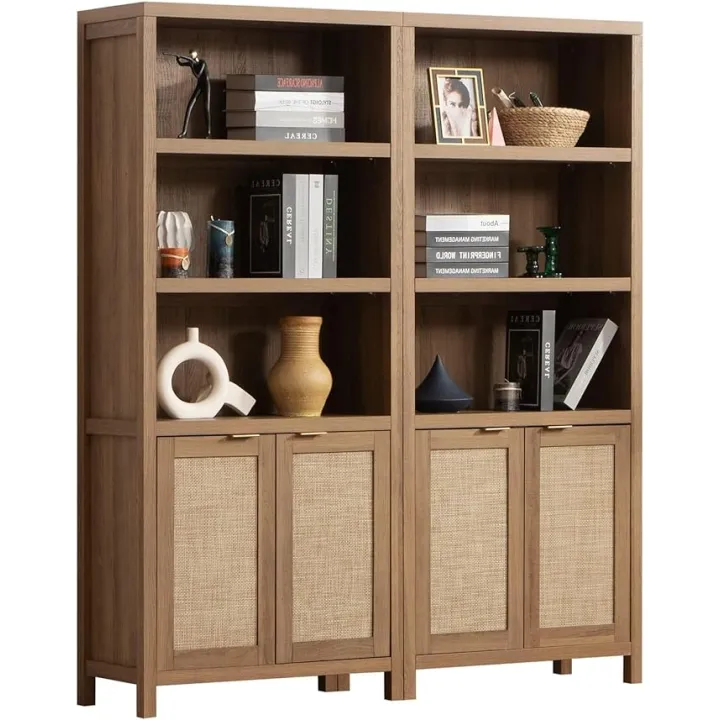 SICOTAS Bookcase 71" Tall Bookshelf 5 Tier Rattan Boho Bookcase with Doors Storage Large Book Case Shelf Farmhouse Bookshelves Library Book Shelves for Living Room Bedroom Home Office Kitchen