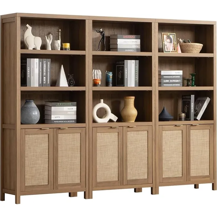 SICOTAS Bookcase 71" Tall Bookshelf 5 Tier Rattan Boho Bookcase with Doors Storage Large Book Case Shelf Farmhouse Bookshelves Library Book Shelves for Living Room Bedroom Home Office Kitchen