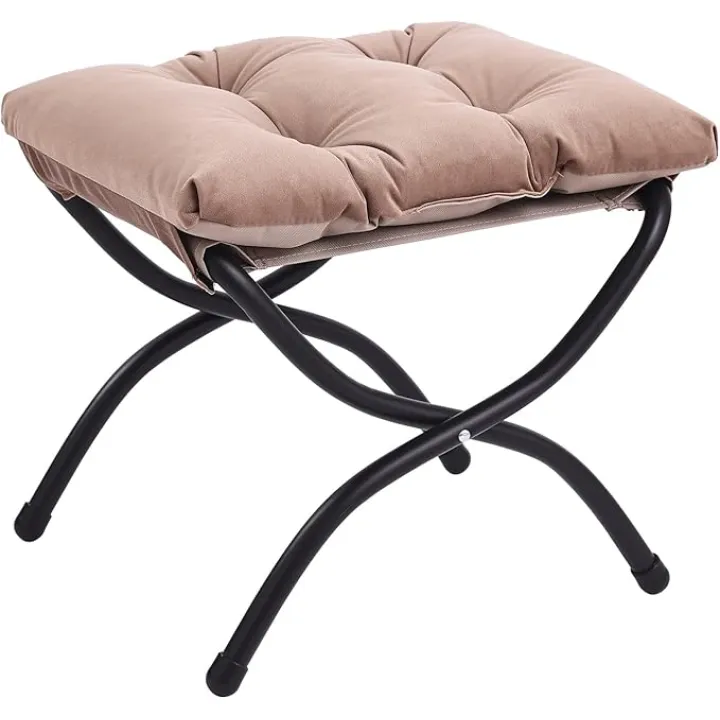 LITA Folding Upholstered Footrest Stool, Modern Small Portable Accent Ottoman with Detachable Thick Cotton Cushion Padded Sofa Stool with Metal Frame for Lazy Chair, Living Room & Bedroom, Khaki