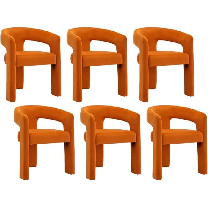 Modern Barrel Dining Chairs Set of 6, Velvet Upholstered Accent Side Chair with Arms Comfy Makeup Vanity Chairs, Dining Living Room Kitchen Chairs, Orange