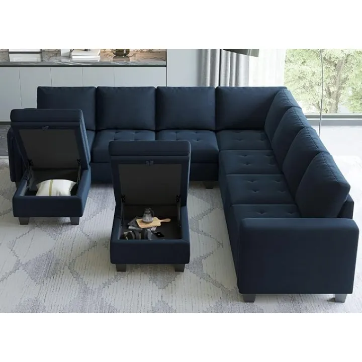 Belffin Oversized Velvet Modular 8-Seat Sectional Sofa Set with Storage Ottoman U Shaped Couch Set Modular Sectional Convertible Sofa Couch with Reversible Chaise Corner Sofa Couch Set Blue