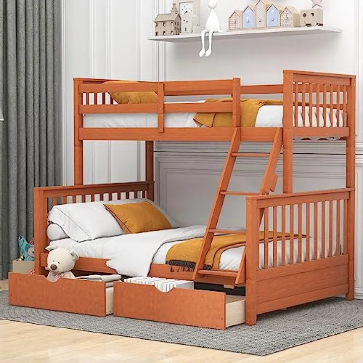 Merax Wood Bunk Bed with Drawers,Convertible Wood Bunk Bed with Ladders and Two Storage Drawers,Solid Wood Detachable Bunk Bed Frame with Ladders,Twin Over Full Size,Walnut