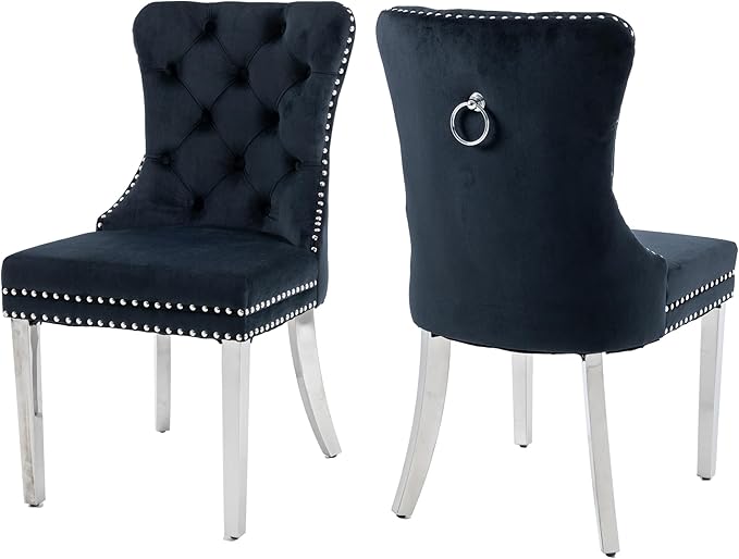 Dining Room Chairs Set of 2, Button Tufted Velvet Chairs with Modern Stainless Steel Legs, Rivet Trim Metal Pull Ring Back for Kitchen Dining Room Restaurant, Black
