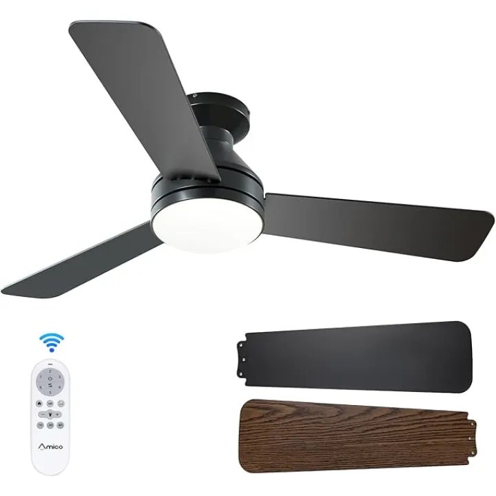 Amico Ceiling Fans with Lights, 42 inch Low Profile Ceiling Fan with Light and Remote Control, Flush Mount, Reversible, 3CCT, Dimmable, Noiseless, Black Ceiling Fan for Bedroom, Indoor/Outdoor Use