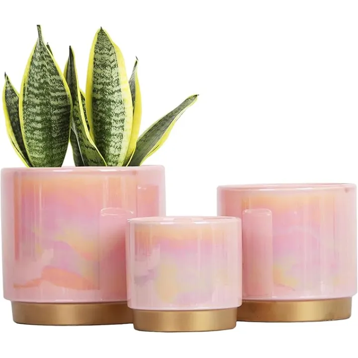 Gepege Pink Indoor Plant Pots for Plants, Ceramic Planter with Drainage Hole, 6.0 inch+5.0 Inch+4.0 Inch. Succulent Orchid Flower Pot - Rainbow Pearl Glaze