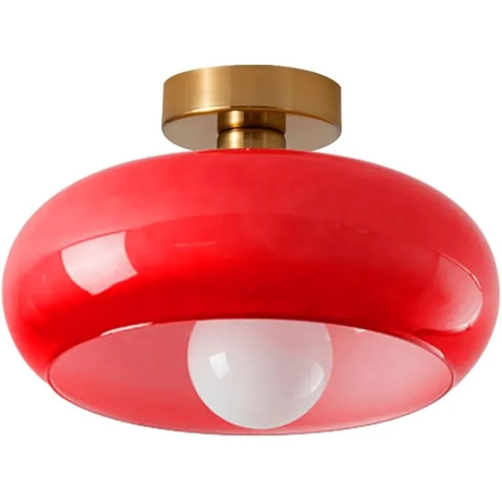Glass Ceiling Light Fixture Gold Flush Mount Ceiling Lights with Red Dome Glass Shade 11" Modern Vintage Ceiling Lamp for Hallway Bedroom Living Dining Room Kitchen Sink