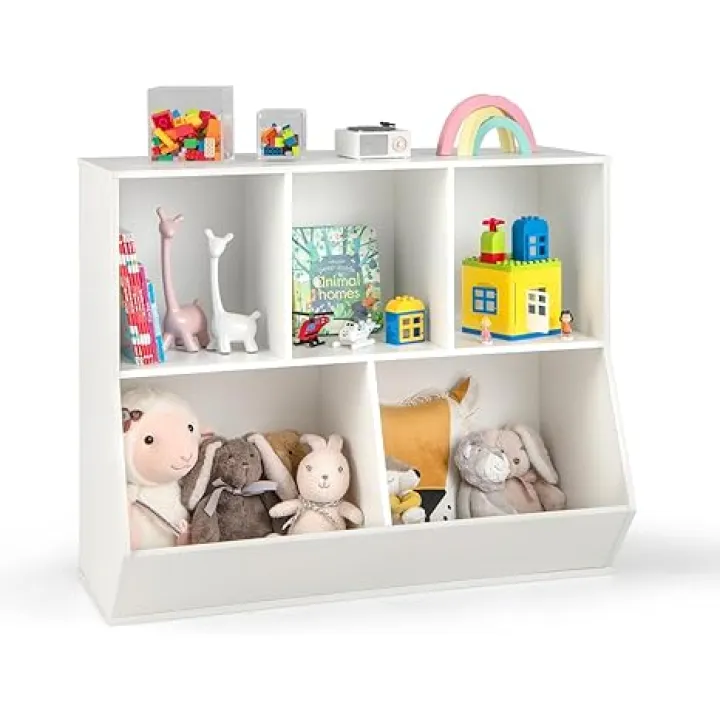 Costzon Toy Organizers and Storage with Bookshelf, Wooden 5 Cubby Children’s Book Shelf Toy Storage Cabinet Bookcase for Kids Room, Playroom, Kindergarten, Nursery (White)