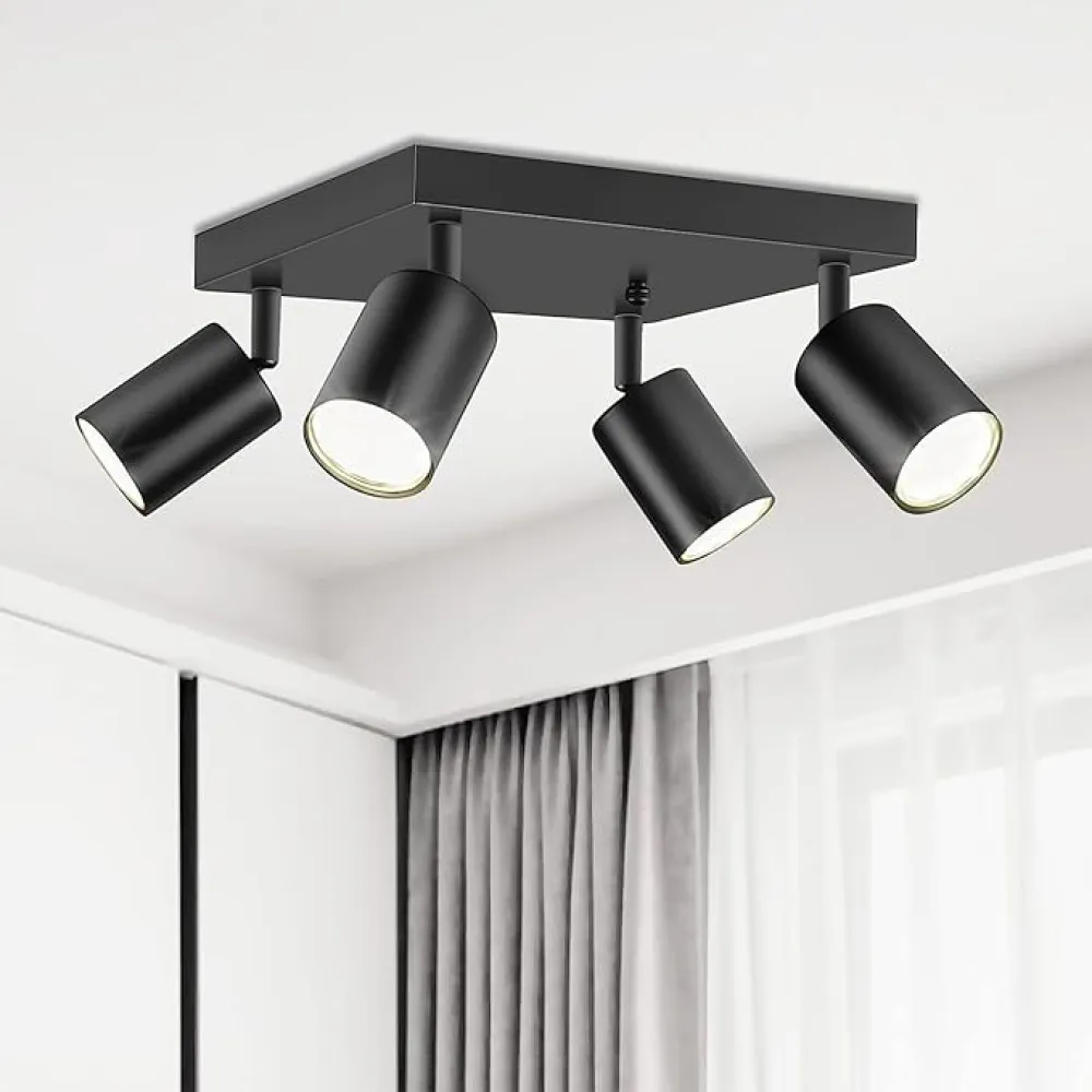 Ceiling Spot Lights Indoor: 4 Lights Led Flush Mount Ceiling Light Fixture GU10 Head Modern Black Adjustable Directional Light for Kitchen Bathroom Bedroom Hallway