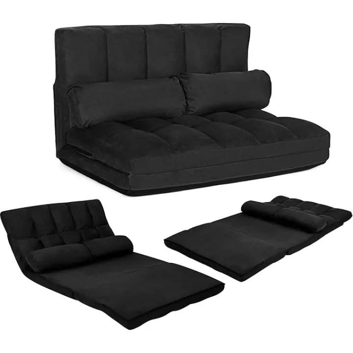 KOMFOTT Adjustable Floor Sofa Bed, Foldable Lazy Sofa Sleeper Bed with 6 Position Backrest & 2 Pillows, Convertible Futon Couch Bed with Suede Cloth Cover, Lounge Recliner for Living Room (Black)