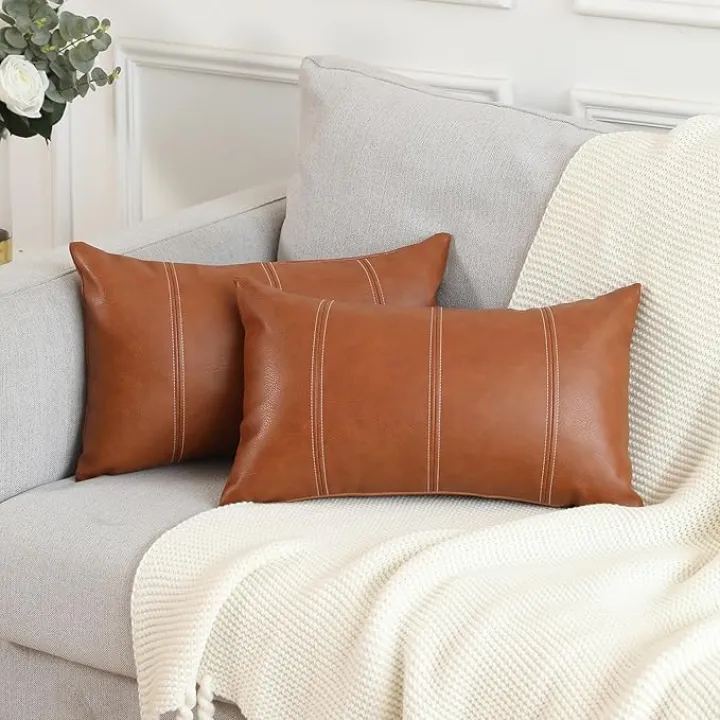 MANDIOO Set of 2 Boho Striped Faux Leather Throw Pillow Covers 12x20 Inch Modern Luxury Lumbar Decorative Cushion Cases for Living Room Bedroom Sofa Couch Brown