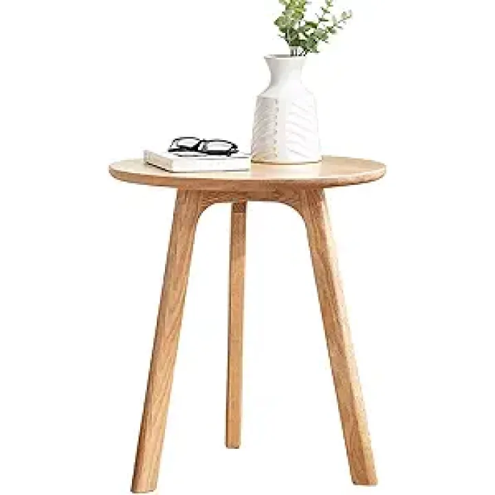 Accent Side/End Table - 100% Solid Oak Wood with 3 Legs Design - Small Round Side Table for Living Room,Bedroom,Office