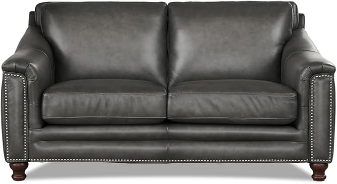 Hydeline Belfast Top Grain Leather Loveseat, Ash Gray, Feather Down, Memory Foam and Springs Seating