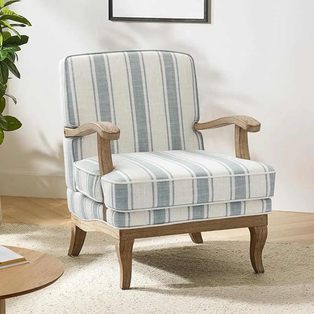 HULALA HOME Upholstered Accent Chair, Mid-Century Modern Striped Chair with Graceful Curves and Wooden Legs, Comfy Lounge Armchair Striped Accent Chairs for Living Room, Bedroom (Blue)