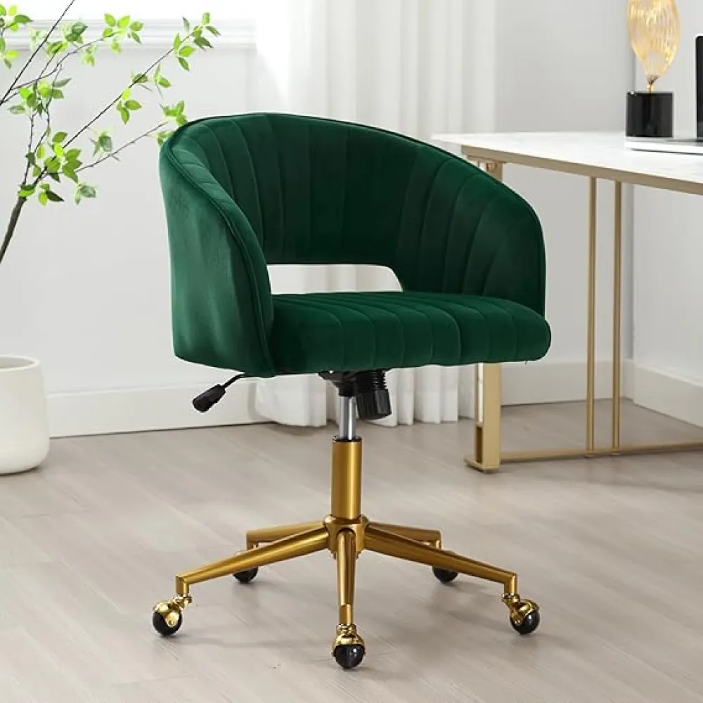 ABET Desk Chair with Wheels, Velvet Home Office Chair, Swivel Armchair Gold Base, Upholstered Modern Accent Chairs, Back Incline Adjustable for Living Room Bedroom Vanity, Dark Green