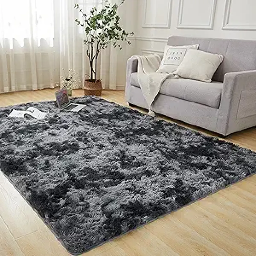 Andency 6x9 Shag Area Rug for Living Room, Tie-Dyed Dark Grey Soft Fuzzy Plush Indoor Carpets for Bedroom, Non Skid Fluffy Faux Fur Rug for Nursery Kids Boys Girls Room