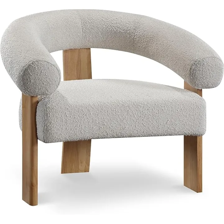 Meridian Furniture 496Cream Winston Collection Mid-Century Modern Boucle Fabric Upholstered Accent Chair with Rich Cream Boucle Fabric, Solid Wood Legs, Natural Finish, 35.5" W x 29" D x 30" H, Cream