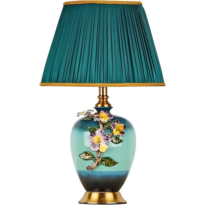 Flower Ceramic Table Lamp Chinoiserie lamp Traditional Fabric Lampshade and Ceramic Lamp Body Green Desk Nightstand for Living Room Bedroom Decor