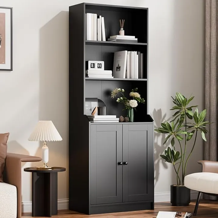 Cozy Castle 75" Tall Book Shelf and Bookcase with 2 Doors, Large 5-Tier Freestanding Bookshelf with 15.7" Depth Storage Cabinet and Adjustable Shelf for Living Room, Office, Bedroom, Black