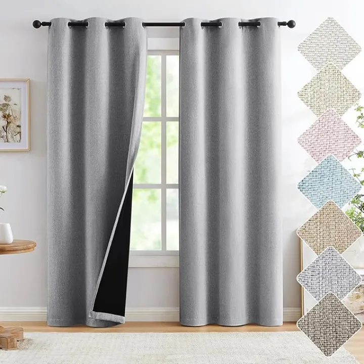 Grey Full Blackout Linen Curtains 84-inch-Long Thermal Insulated Noise Reducing Bedroom Drapes Rustic Farmhouse Triple Weave Window Treatment Set for Theatre, Nursery, 40"x84"x2, Grey