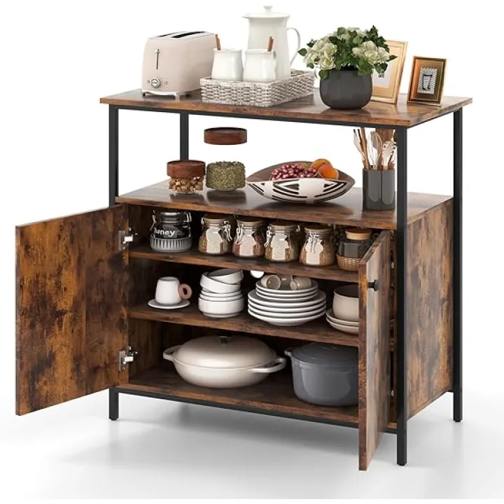 Buffet Cabinet, Industrial Storage Cabinet with Doors and Shelves, Wood Buffets & Sideboards, Farmhouse Coffee Bar, Rustic Console Table for Kitchen, Dining Living Room, Entryway