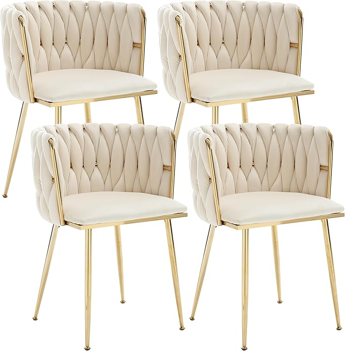 Velvet Dining Chairs Set of 4, Woven Upholstered Dining Chairs, Luxury Leisure Armchair, Modern Accent Chairs with Golden Metal Legs for Dining Room, Kitchen, Vanity, Living Room, Beige