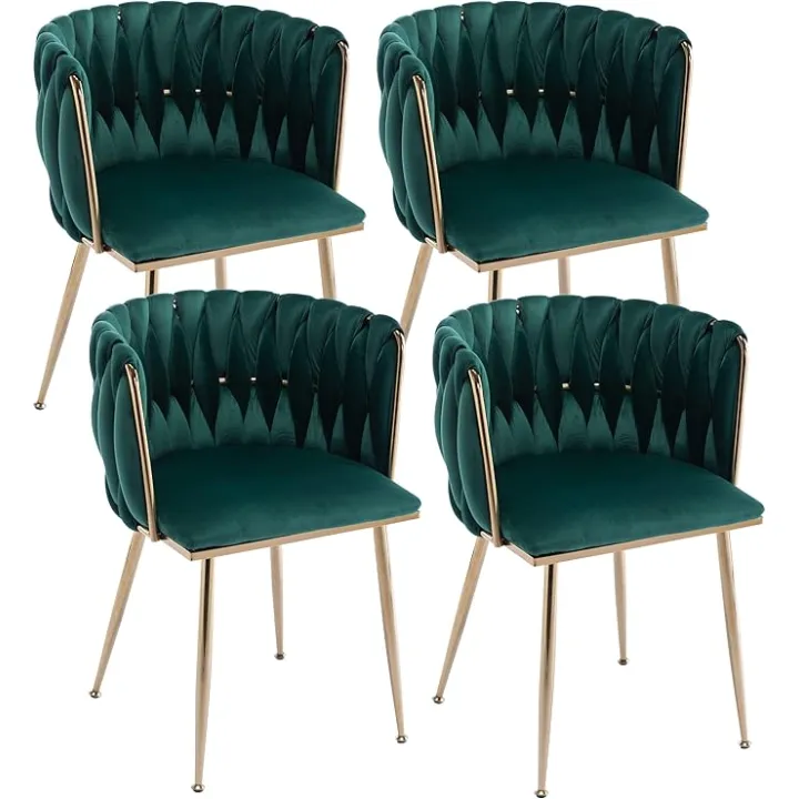 Velvet Dining Chairs Set of 4, Woven Upholstered Dining Chairs, Luxury Leisure Armchair, Modern Accent Chairs with Golden Metal Legs for Dining Room, Kitchen, Vanity, Living Room, Green