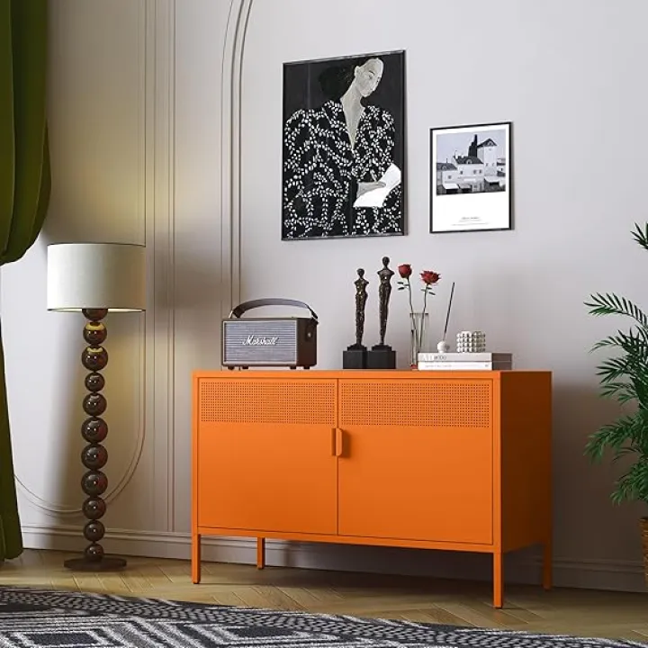 Orange Wide Metal Locker Storage Cabinet, 2 Door Metal Accent Cabinet for Home and Office, 2 Tier Low Metal Cabinet with Doors and Shelf, Multipurpose Metal Tv Stand Cabinet