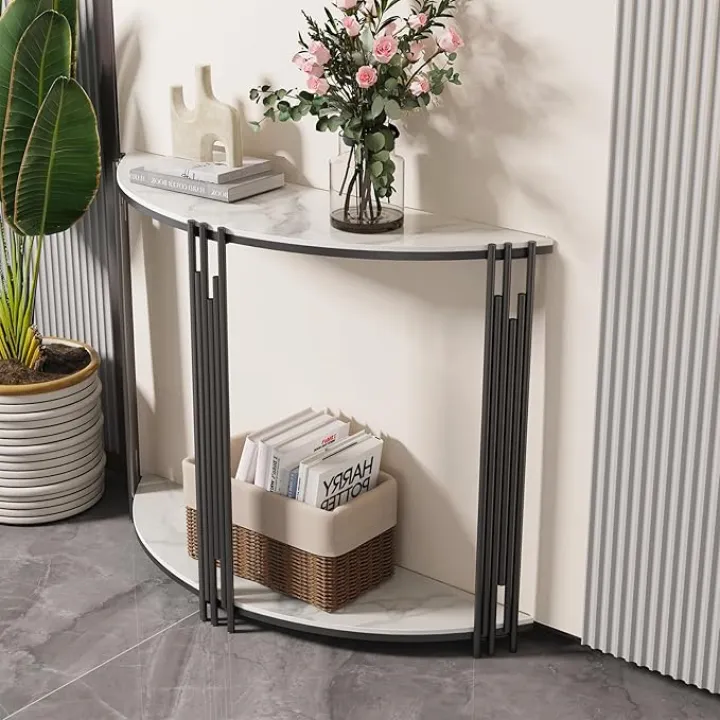 Wisfor Sintered Stone Console Table: Half Round White Entryway Table with Black Frame - Modern Narrow Sofa End Table - Semicircular Accent Table for Hallway, 39.4x11.8x30.7 inch