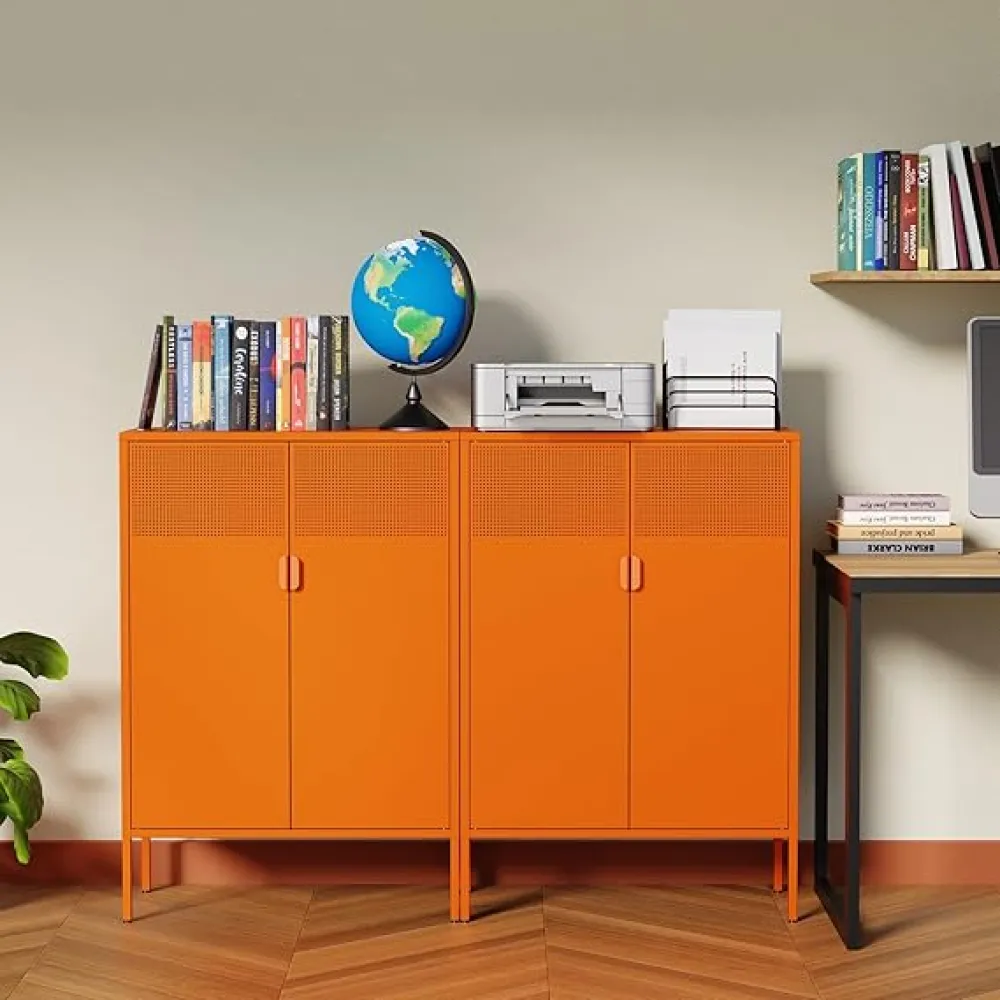 Orange 3 Tier Metal Storage Cabinet with Legs, 2 Door Metal Locker Style Accent Storage Cabinet with 2 Adjustable Shelves for Home, Office, Entryway and Hallway