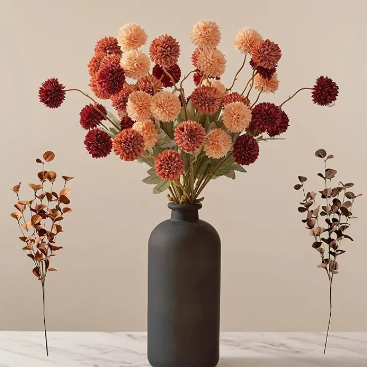 Fall Flowers, Burnt Orange Faux Kiku Flowers Artificial 10 Stems + Eucalyptus, Assorted Fake Silk Mums Fall Florals Autumn Decor, Terracotta Mini Floral Balls Faux Stems For Vase, Decoración de Otoño