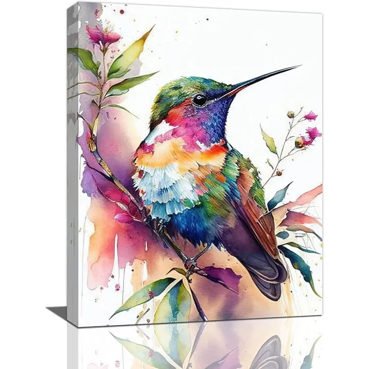 Yibuda Country Hummingbird Floral Wall Decor Colorful Flower Bird Pictures Art Watercolor Canvas Print Painting Framed Modern Home Artwork Decorations For Bedroom Kitchen Office 12''x16''