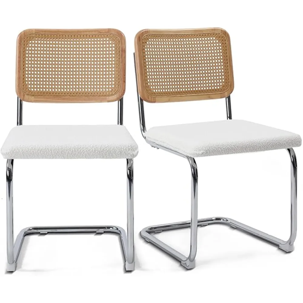 Modern Cesca Cane Dining Chairs, Set of 2, Handwoven Rattan Cane Back, Chrome Base, Upholstered Boucle Seat, Ideal for Kitchen or Dining Room, White