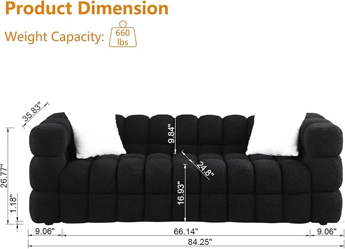 Cloud Sectional Sofa, Modern Sectional Couches for Living Room Set, Comfy Boucle Couch with 2 Accent Pillows for Small Space, Apartment, 84.25" 3 Seater, Black
