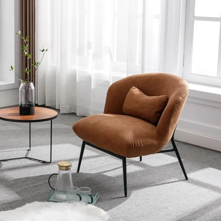 HEAH-YO Modern Accent Chairs Set of 2, Sherpa Living Room Chairs with Barrel Backrests, Upholstered PU Faux Leather Armless Chairs for Bedroom, Brown