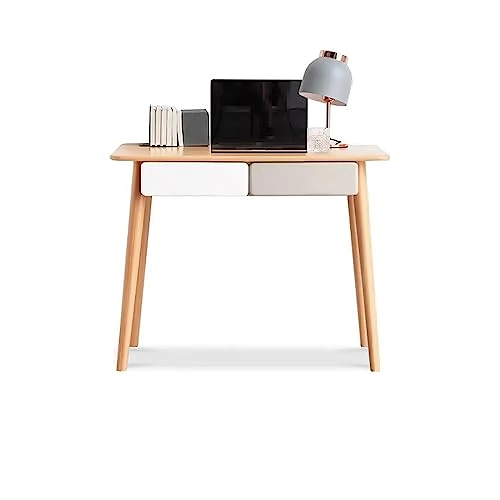 JITEM Computer Desk W/ 2 Colorblock Drawers Solid Wood Writing Desk Nordic Simple Small Table Modern Home Office Desk for Work Study