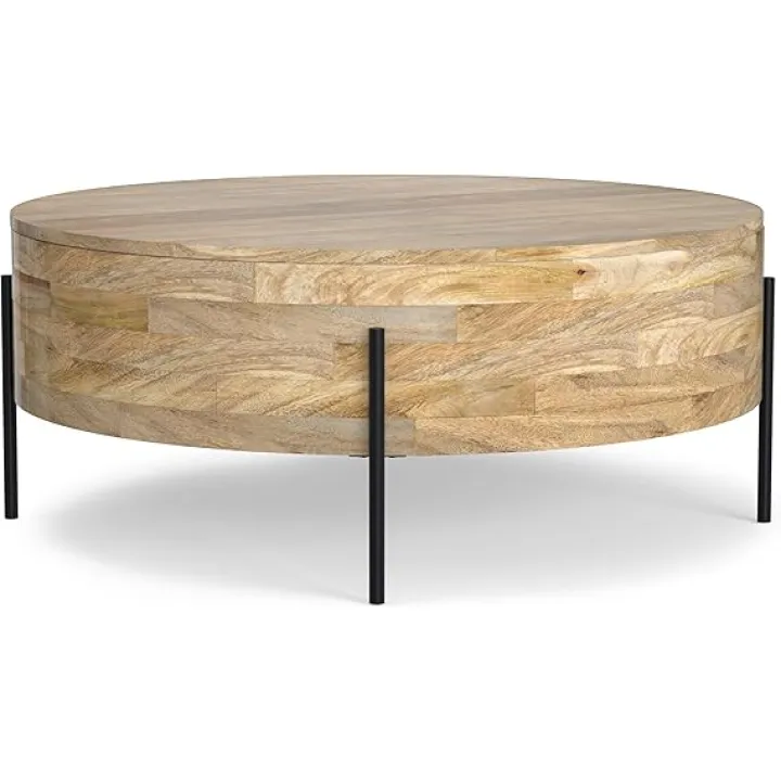 SIMPLIHOME Rayburn Drum Coffee Table - 38 inch Wide Solid Mango Wood Round Living Room Table in Natural, Modern Industrial Center Table for Family Room with Black Metal Legs and Large Surface