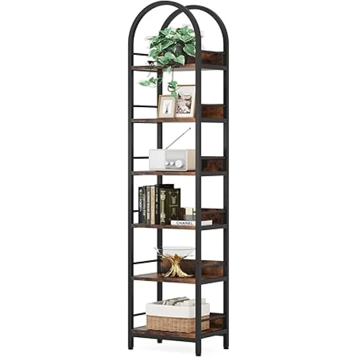 LITTLE TREE 78.7 Inches Tall Arched Bookshelf, 6 Tiers Skinny Open Bookcase with Metal Frame, Freestanding Corner Display Shelves Rack for Living Room, Home Office, Brown