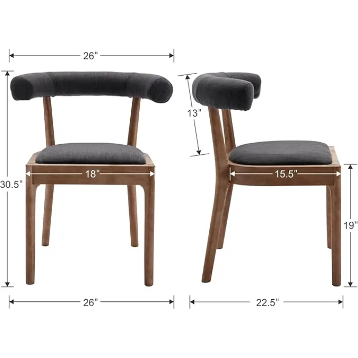 Wood Dining Chairs Set of 2, Mid Century Modern Living Room Chairs with Unique Curved Open Back Comfy Linen Upholstered Side Chair for Kitchen/Restaurant/Reception, Charcoal