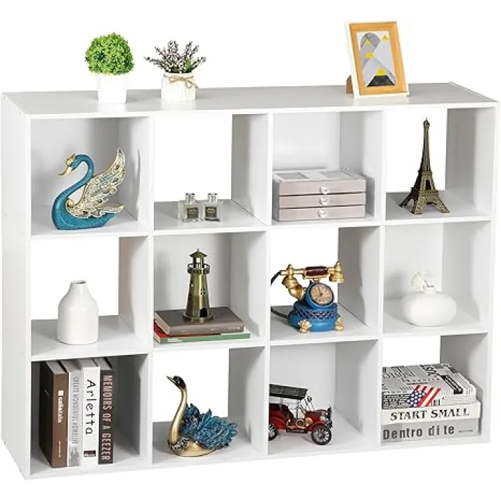 SUPER DEAL 12-Compartment Open Shelf Bookcase 47 inch Wide Cube Storage Organizer Wood Cubical Bookshelves Closet Cabinet Display Unit with 6 Removable Back Panels for Living Room Bedroom, White