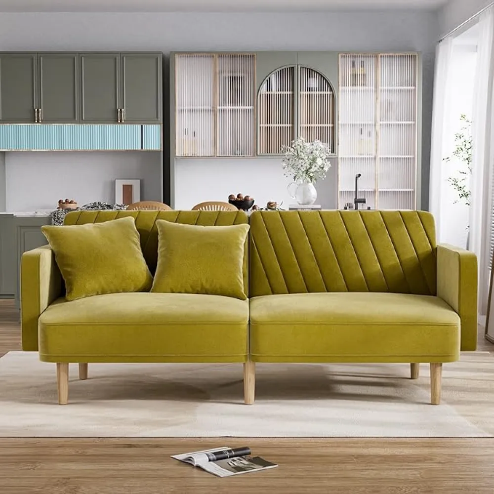 Futon Sofa Bed, Modern Small Couch, 75" Comfy Sleeper Loveseat with 2 Pillows, Velvet Fabric Convertible Sofa Cama Couches for Living Room, Apartment, Olive Green