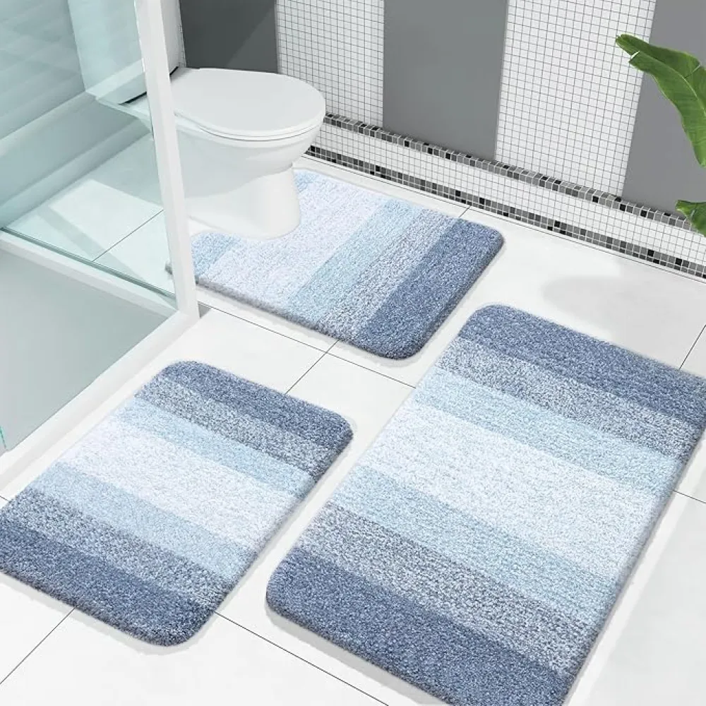 OLANLY Bathroom Rugs Sets 3 Piece, Soft Absorbent Microfiber Bath Mats and U-Shaped Contour Toilet Rug, Plush Shaggy Bath Mat Set for Bathroom (30"x20"+24"x16"+24"x20", Blue)