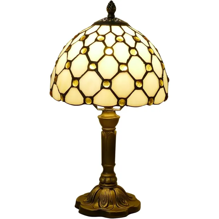 Tiffany Style Table Lamp Beige Beads Vintage Bedside Table Light Desk Lamps Accent Small Lamp 14" Tall 8" Wide Reading Lamp with Color Changing LED Bulb