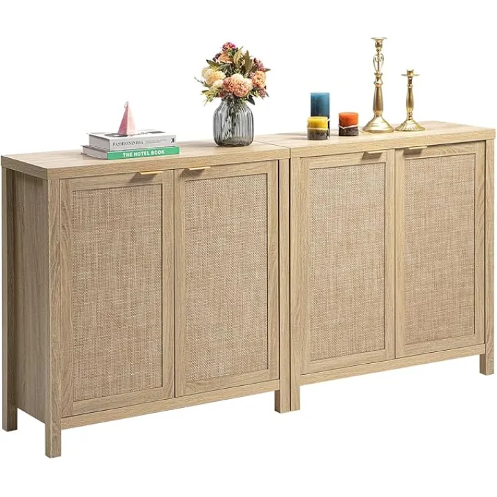 SICOTAS Sideboard Buffet Rattan Cabinet - Boho Larger Credenza Kitchen Storage Cabinet with Rattan Storage - Accent Buffet Console Table for Dining Room Hallway - 2 Pieces (Natural)