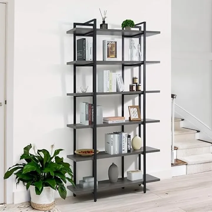 CAPHAUS 6-Tier Book Shelf, 86" H Vintage Industrial Bookcase with Open Display Shelving, Wooden and Metal Shelving Unit, Bookshelves and Bookcases, Stand Shelf for Bedroom, Dark Grey
