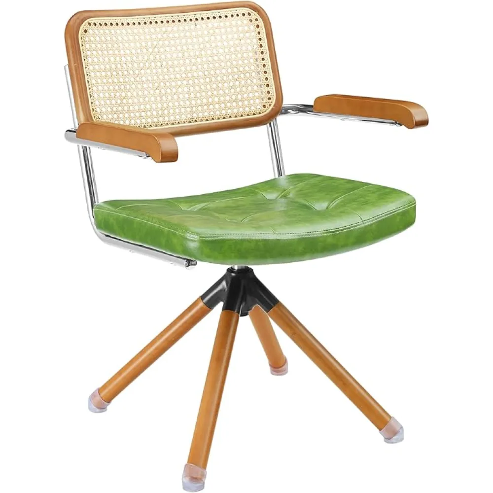 Art Leon Rattan Desk Chair, Mid Century Modern Swivel Accent Chair No Wheels, Faux Leather Office Chair with Wood Legs, Armchair with Rattan Back for Home Office Living Room Bedroom, Green