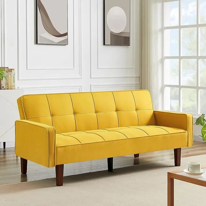 72" Convertible Folding Sofa Bed Futon,Modern Linen Fabric Sleeper Loveseat with 2 Pillows & Solid Wood Legs,Small Couch Bed Recliner Sofa for Living Room Apartment Office (Yellow-New)