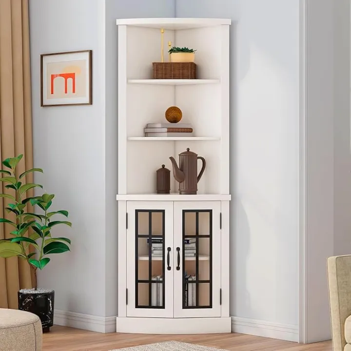 AMERLIFE Curved Corner Storage Cabinet, 65" Tall Freestanding Bookcase with Glass Doors & Adjustable Shelves, 5-Tier Corner Display Cabinet for Living Room, Bathroom, Distressed White