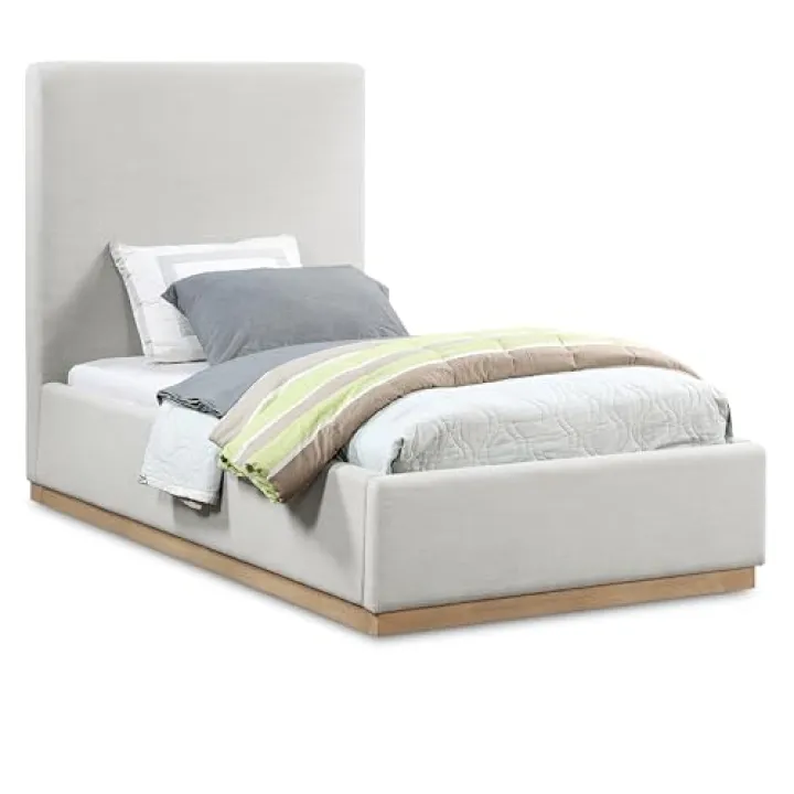 Meridian Furniture AlfieCream-T Alfie Collection Modern | Contemporary Twin Bed with Rich Cream Linen Textured Fabric, Natural Finish Solid Wood Base, 43.5" W x 82.5" D x 52" H, Cream, Twin