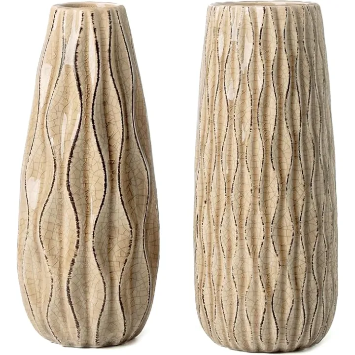 VICTOR & TERESA Ceramic Vase for Flowers, 9.5'' Set of 2 Decorative Rustic Beige Vases for Home Decor, Farmhouse Vases for Pampas Grass, Table, Mantel, Living Room, Shelf, Centerpieces, Gifts for Mom