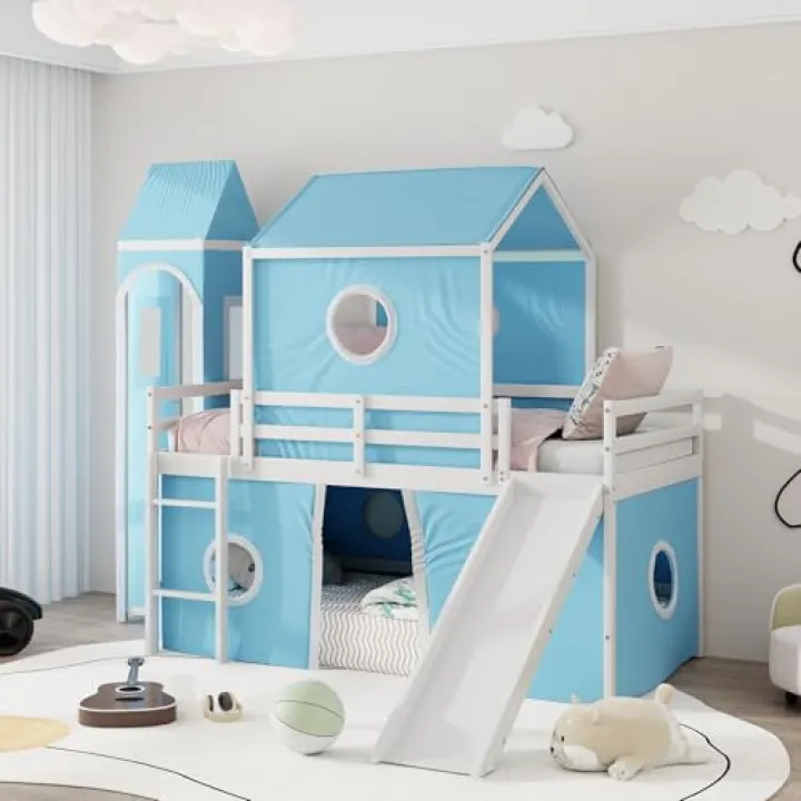 Linique Twin Size Castle Shaped Bunk Bed with Slide/Blue Tent/Tower,Wooden Bunk Beds with Fence for Bedroom,Blue